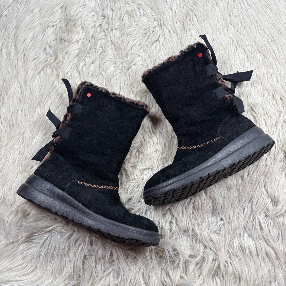 I Love Ugg Women's 7 Black‎ Suede Sherpa Line Bow Tie Back Boots Animal Print